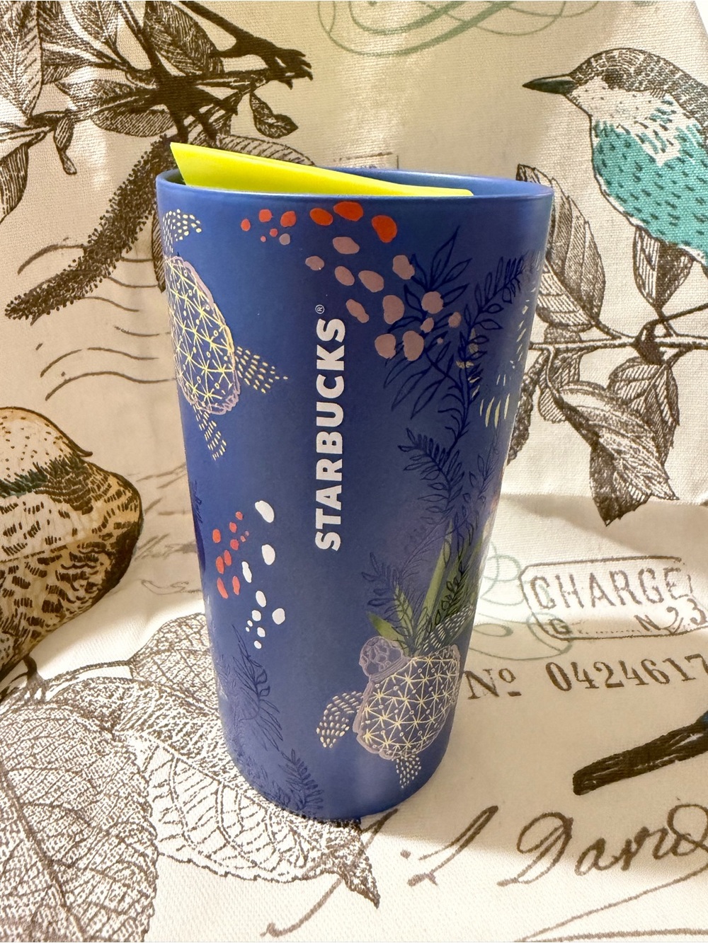 Starbucks Blue Reusable Mug with Yellow Accent and Turtle Motif